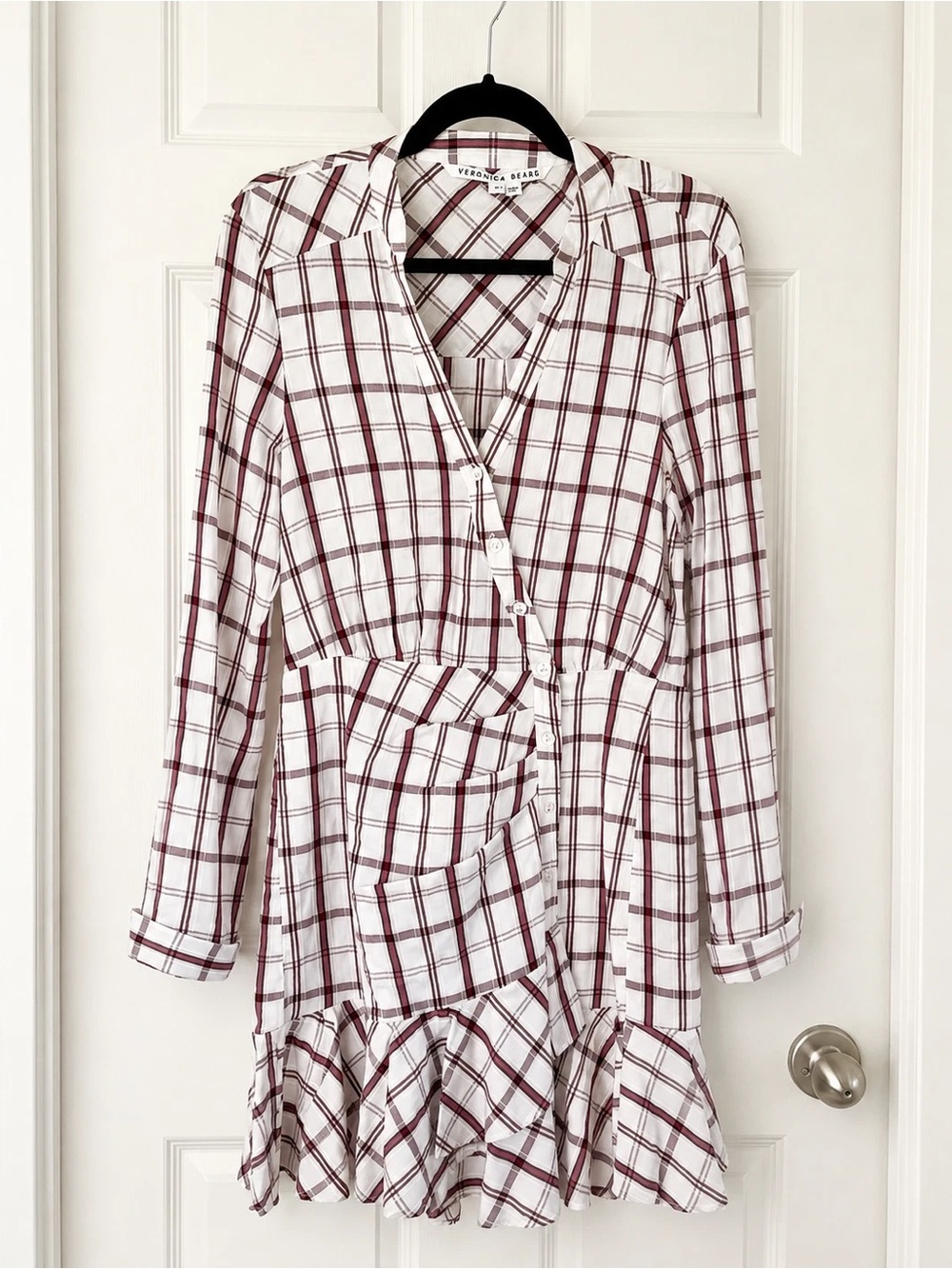 Veronica Beard White and Burgundy Plaid Long-Sleeve Wrap Dress
